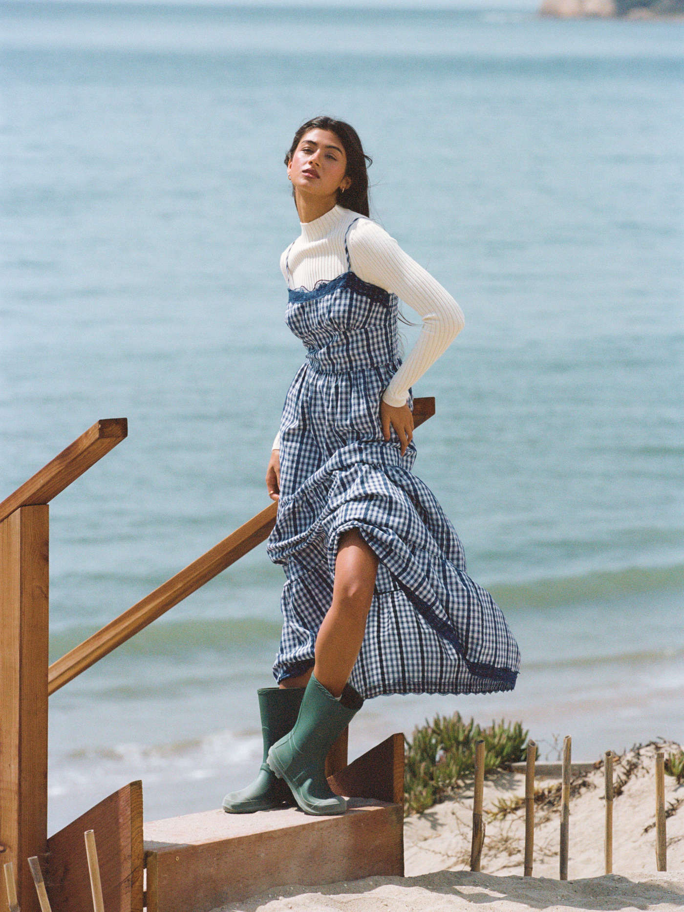 Woven Cotton-blend Gingham Lace Trim Tiered Shirred Maxi Dress For Daily Casual | Cider
