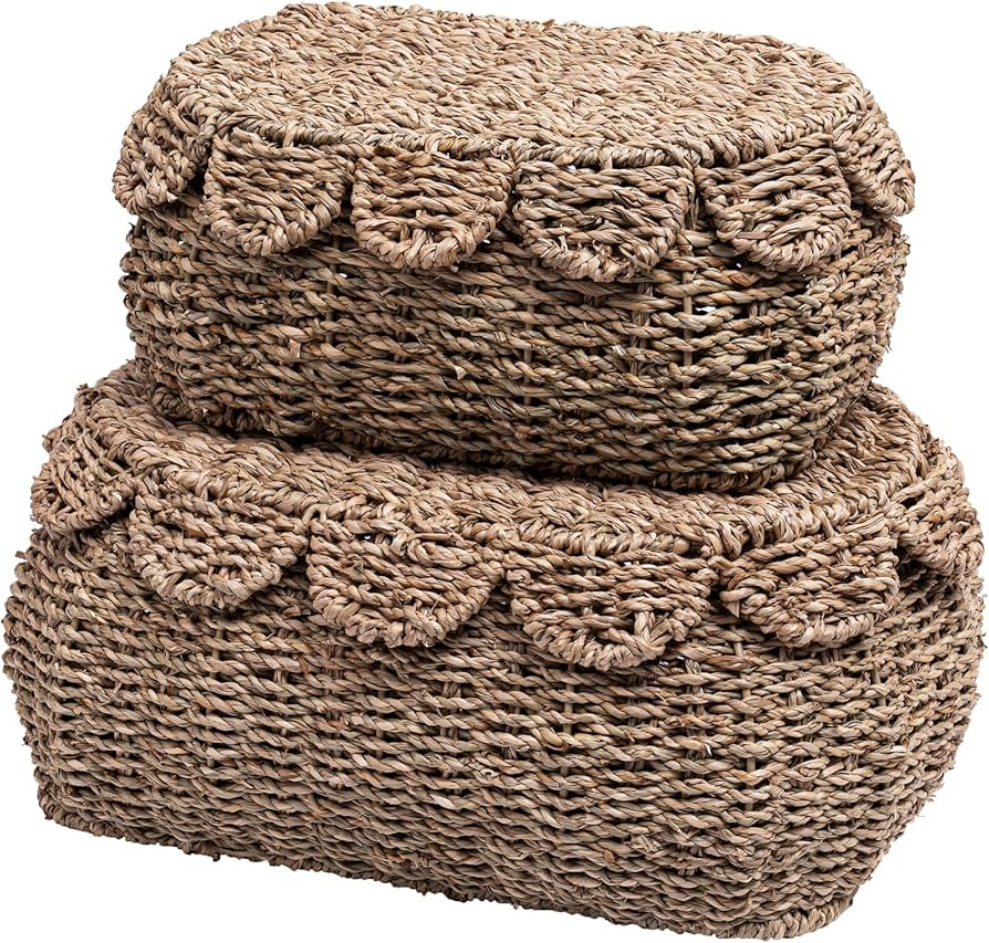 Set of 2 Hand Round Wicker Storage Baskets, Rattan Basket Decorative Boxes, Woven Storage Box Sea... | Amazon (US)