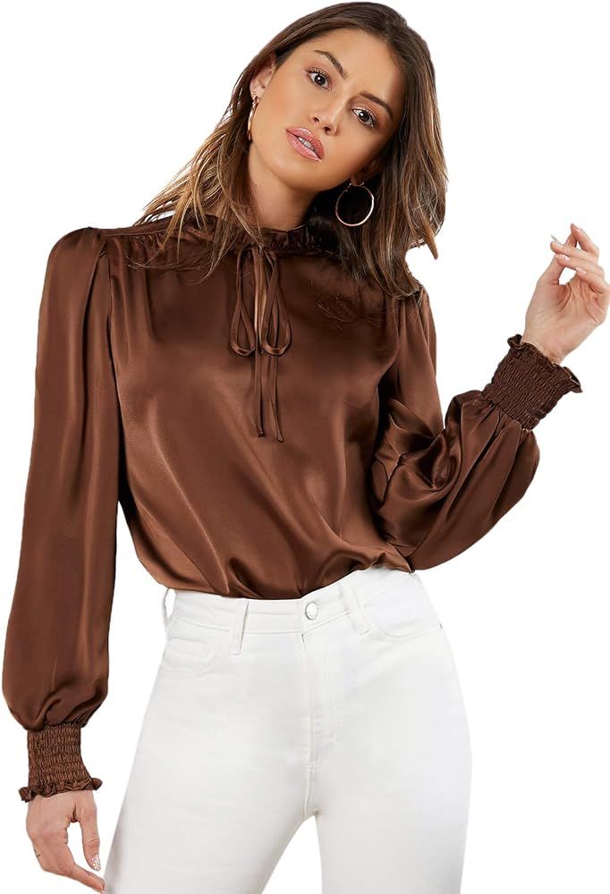 Verdusa Women's Elegant Tie Neck Long Sleeve Shirred Cuff Satin Blouse Top | Amazon (US)