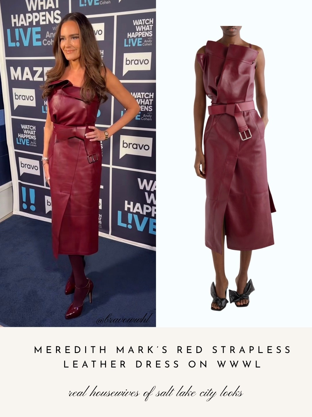 Meredith Mark’s Red Strapless Leather Dress on WWHL 📸 = @bravowwhl