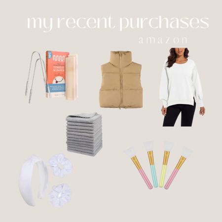 My recent Amazon purchases. Tongue scraper, cropped puffer vest. Free people dupe top. I have it in another color and love it so much. Microfiber face cloths. Spa headband. Face mas applicator brushes #amazonbeautyfinds #competition #amazonfashion #amazonmusthaves 

#LTKunder50 #LTKbeauty #LTKFind
