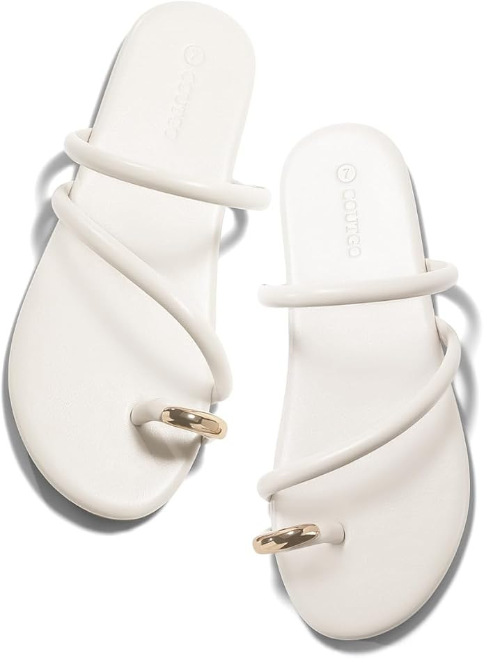 Coutgo Womens Strappy Flat Sandals Square Open Toe Flip Flops Slides Toe Ring Summer Dress Shoes | Amazon (US)