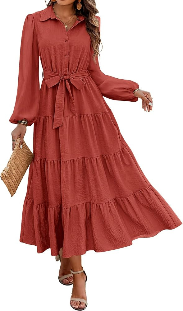 dowerme Women's Long Sleeve Dress 2025 Button Down Belted A-Line Flowy Fall Outfits Ruffle Maxi H... | Amazon (US)