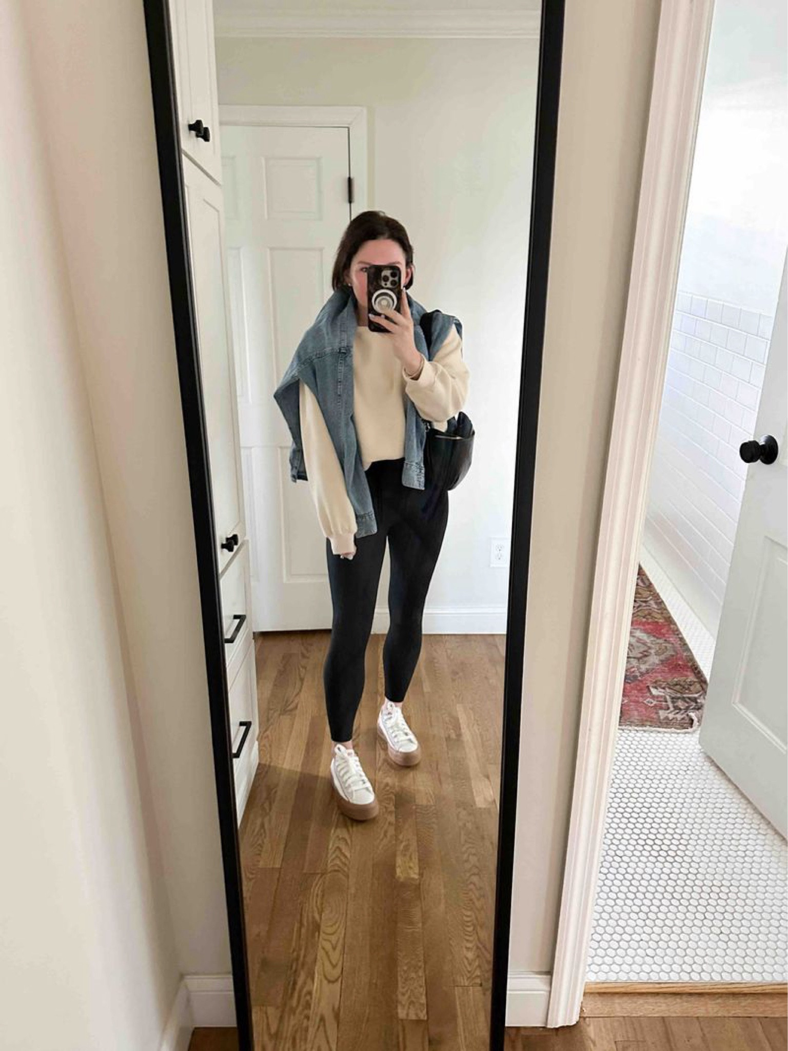 casual mom outfit - leggings, sweatshirt & denim shirt - what I wore to my son’s first baseball game of spring ⚾️ 

#LTKstyletip #LTKover40 #LTKSeasonal