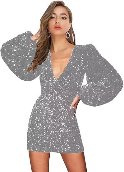 Long Sleeve Sequin Homecoming Dresses Tight Sparkly Mermaid Short Prom Dress V Neck HOCO Mini Dre... | Amazon (US)