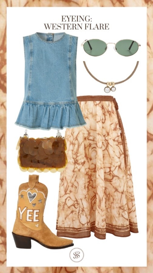 Western flare
Midi skirt
Denim top 
Cowboy boots