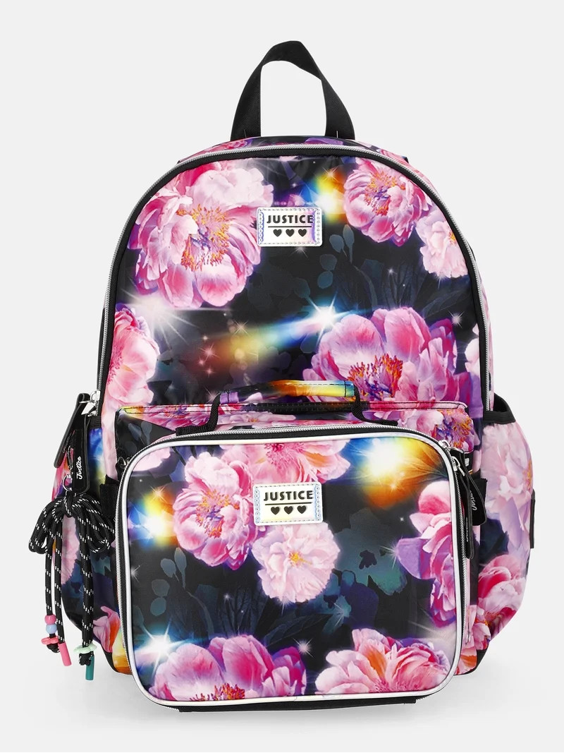 Justice Girls 17" Floral Print Backpack & Lunch Tote Set, Black | Walmart (US)