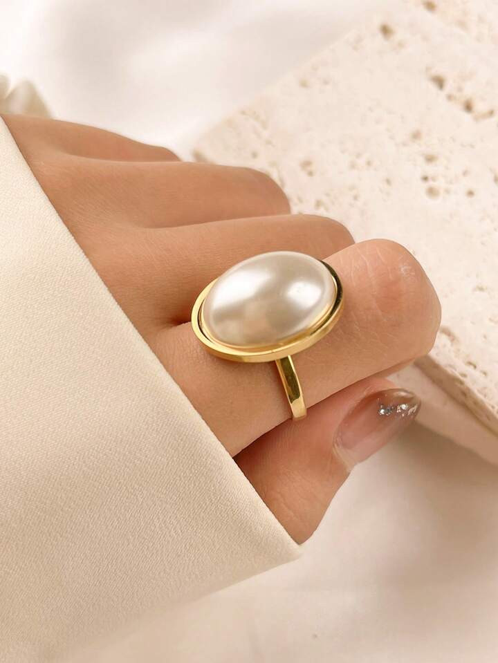 AU$2.951pc Exaggerated imitation pearl ring stainless steel electroplated golden yellow fashion t... | SHEIN