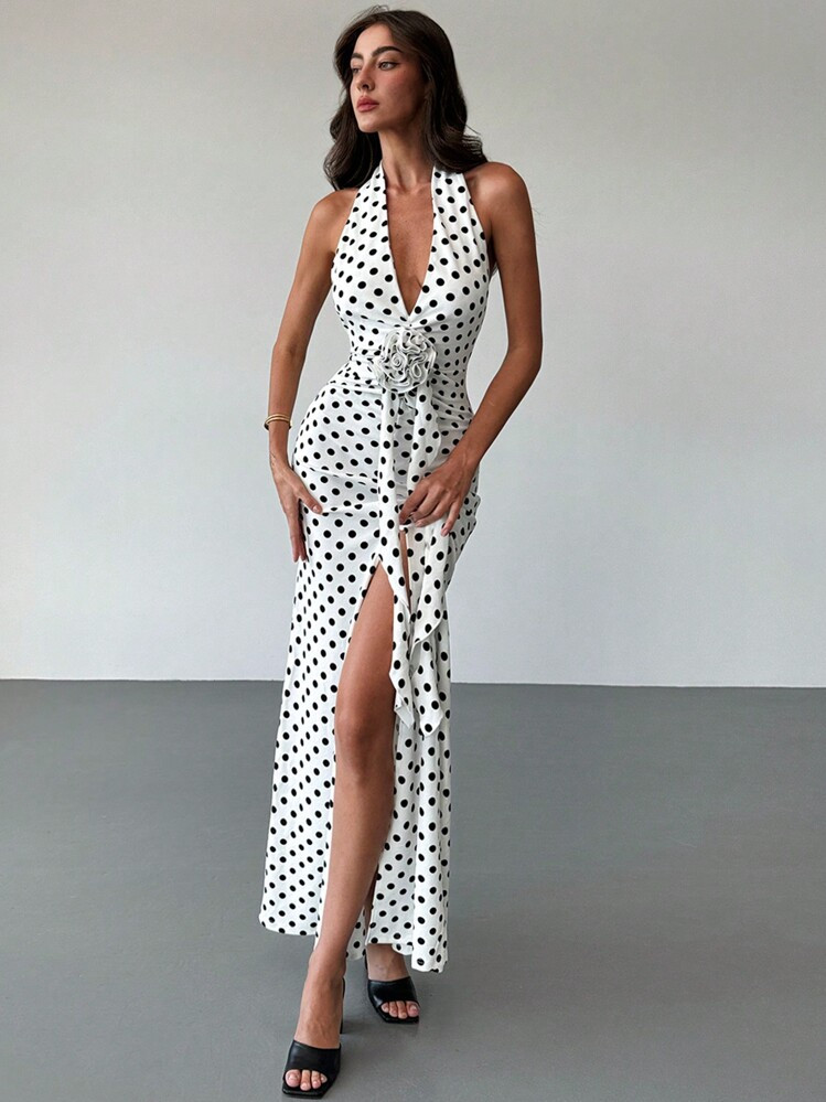 Aloruh New Elegant Heavy Handmade Twist Flower 3D Floral Decoration Sexy Deep V-Neck Backless Waist-Hugging Mermaid Red Cocktail Dress For Date Night,Polka Dot Dress | SHEIN