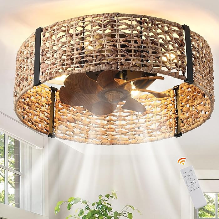Ganeed 20" Boho Fandelier Ceiling Fan with Light, Rattan Caged Ceiling Fan with Light and Remote ... | Amazon (US)