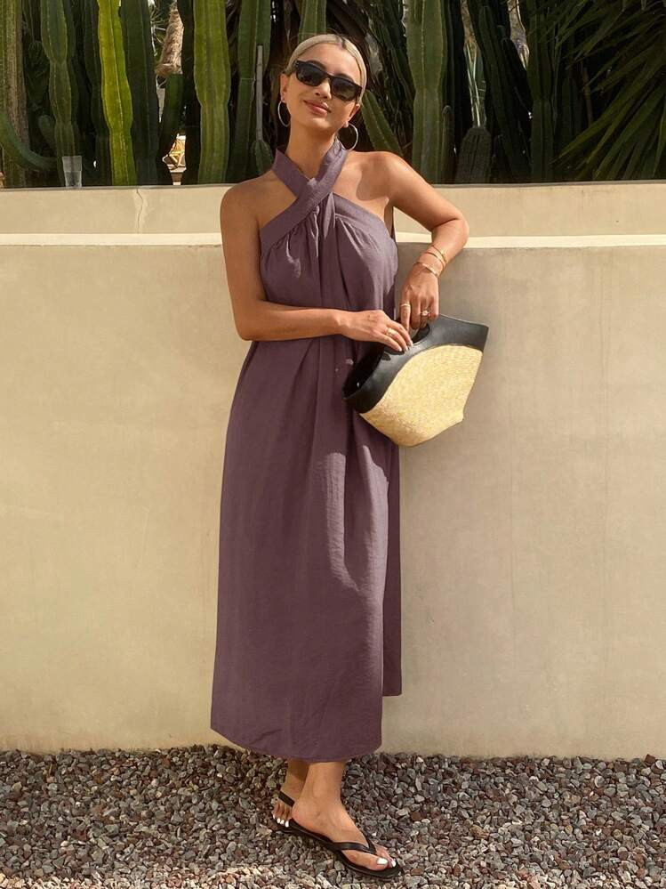 Linen twist neck dress midi | SHEIN