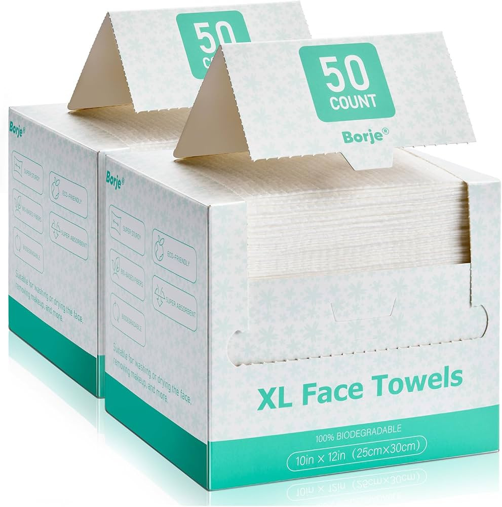 Borje Face Towels XL, Disposable Face Towel 10" x 12", 100 Count (2 Packs of 50), 100% USDA Bioba... | Amazon (US)