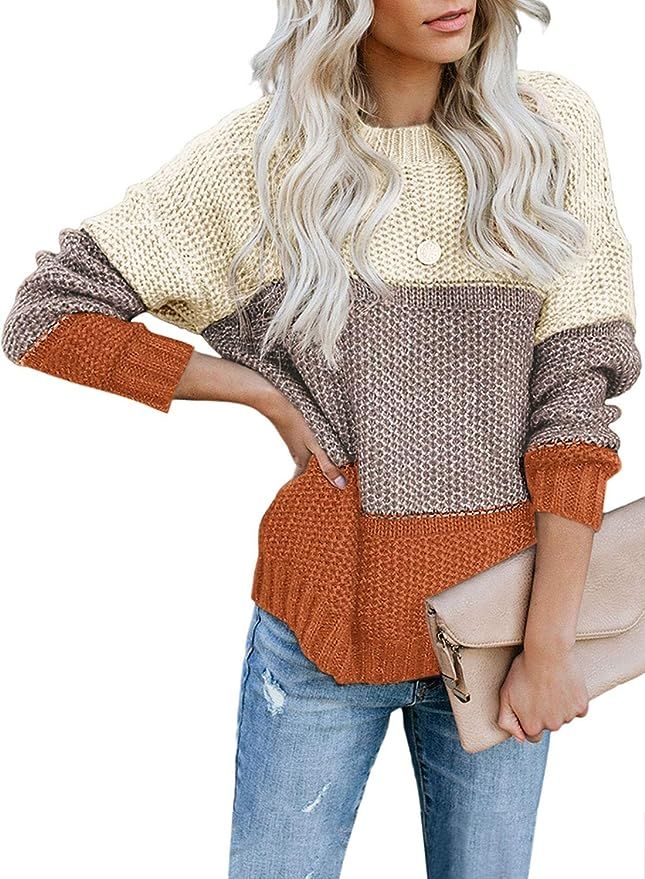 Lovezesent Womens Color Block High Neck Ribbed Knit Oversized Pullover Sweaters | Amazon (US)
