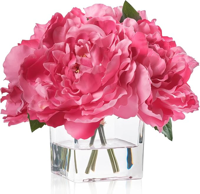 Artificial Peonies Flowers Arrangements in Cube Glass Vase, WELLKNOWN Silk Flower Centerpieces fo... | Amazon (US)