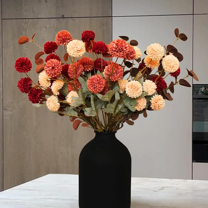 RyddeligHome Fall Flowers, Burnt Orange Faux Kiku Flowers Artificial 10 Stems + Eucalyptus, Fake ... | Amazon (US)