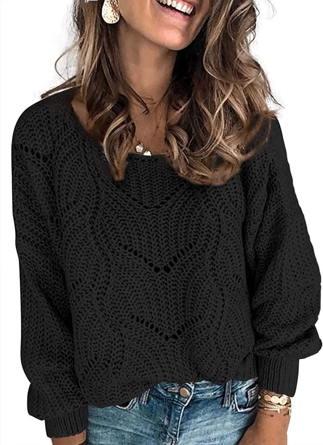 Dokotoo Womens 2022 Cute Elegant Soft Crewneck Long Sleeve Hollow Cable Knit Pullover Sweaters | Amazon (US)