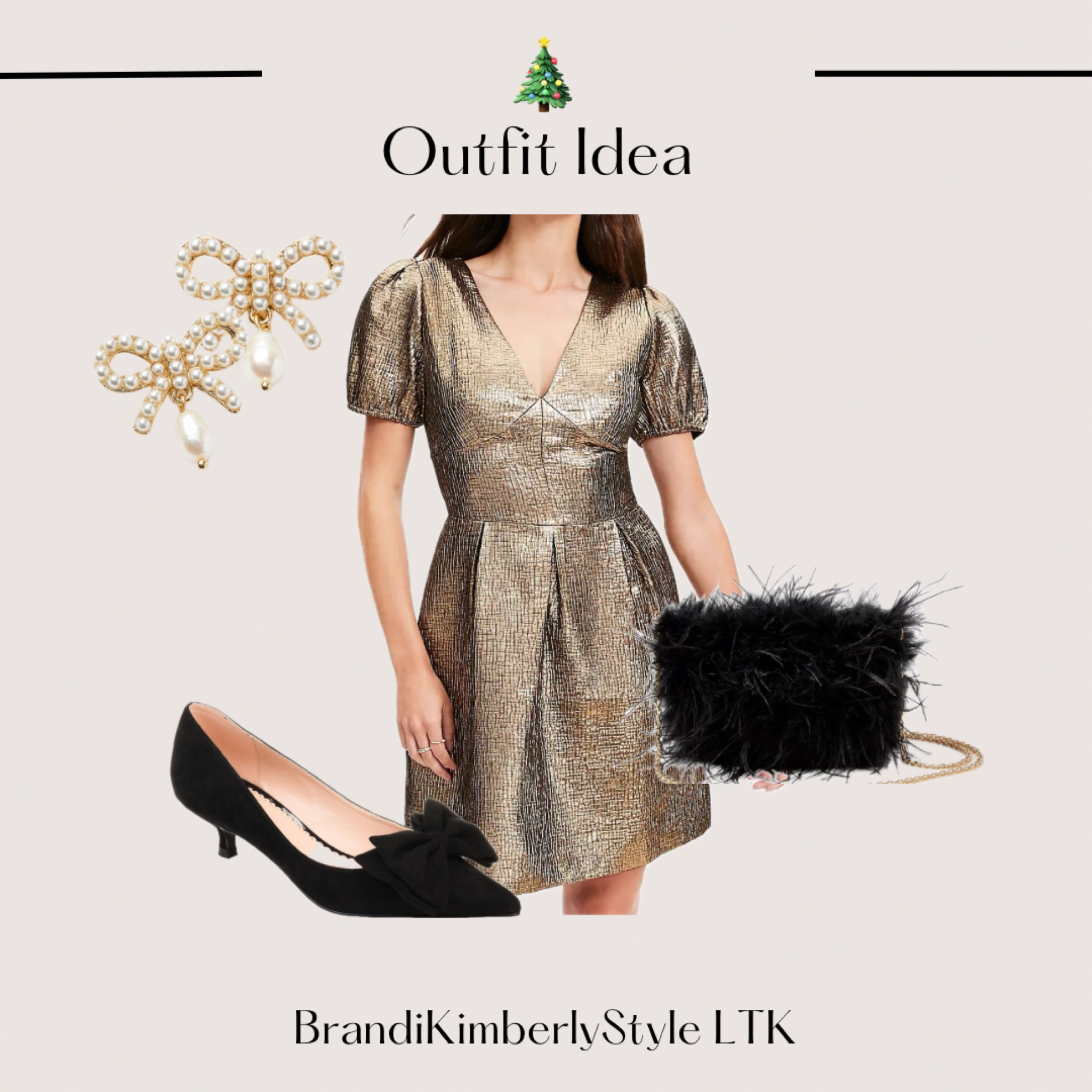 Another cute dress for the holidays this dress from Loft! I love the gold A-line style dress. Cute with black heels and this black feather bag. A seasonal look complete with pear bow earrings 🎁🎄🎁

#LTKSeasonal #LTKHoliday #LTKStyleTip