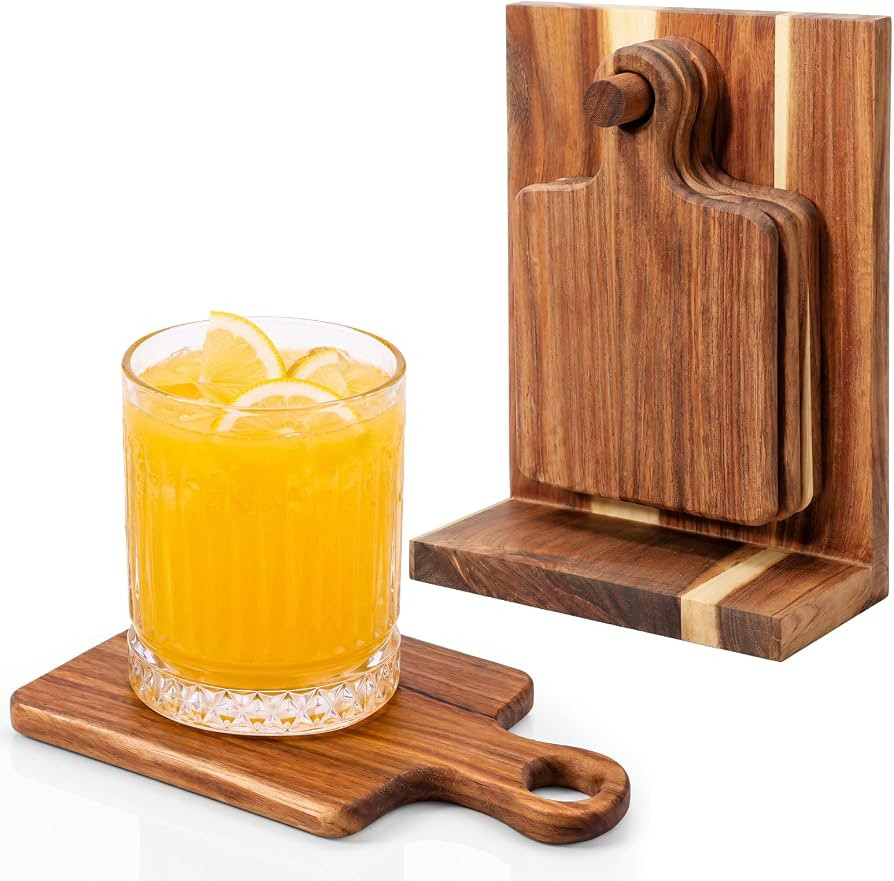 5 Pack Wood Coaster with Handle, Natural Acacia Wood 7x4.5x0.5'' | Amazon (US)