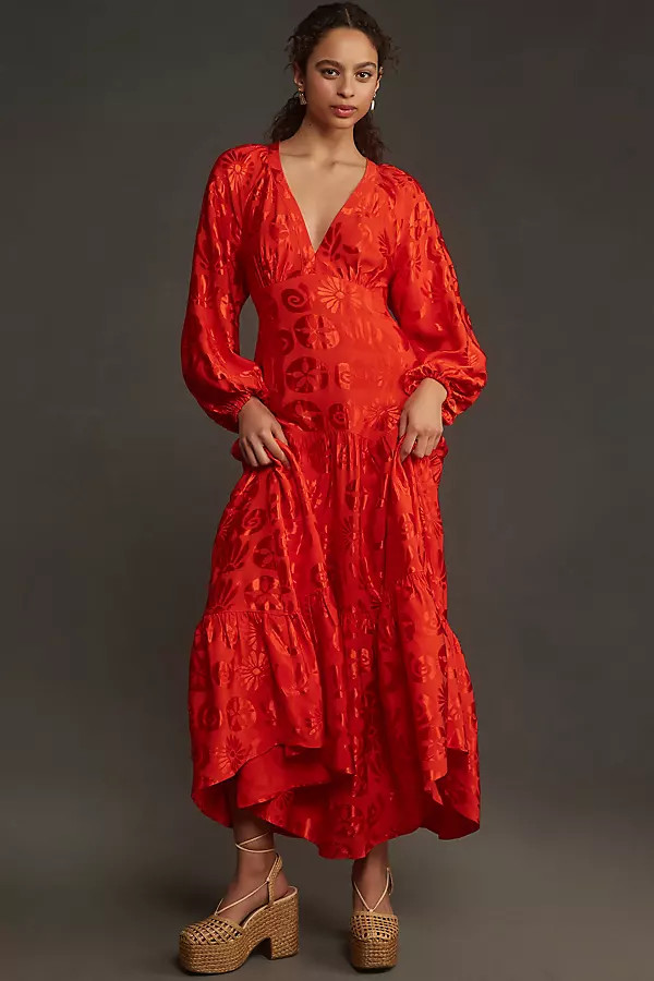 Farm Rio Long-Sleeve V-Neck Jacquard Maxi Dress | Anthropologie (US)