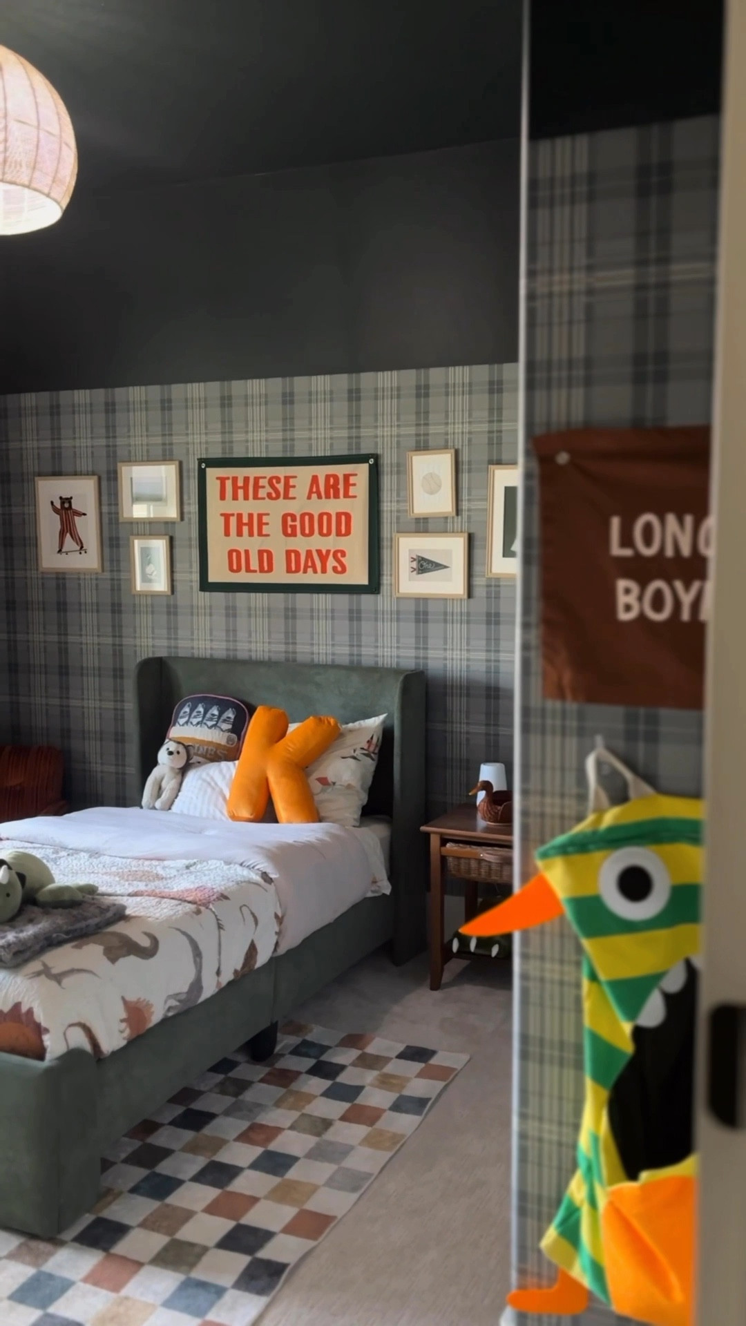Big boy room inspo! Plaid wallpaper silly goose prints no theme bedroom moody bedroom Dino room little boy room inspo boy room design inspo idahomerealestate 

#LTKHome