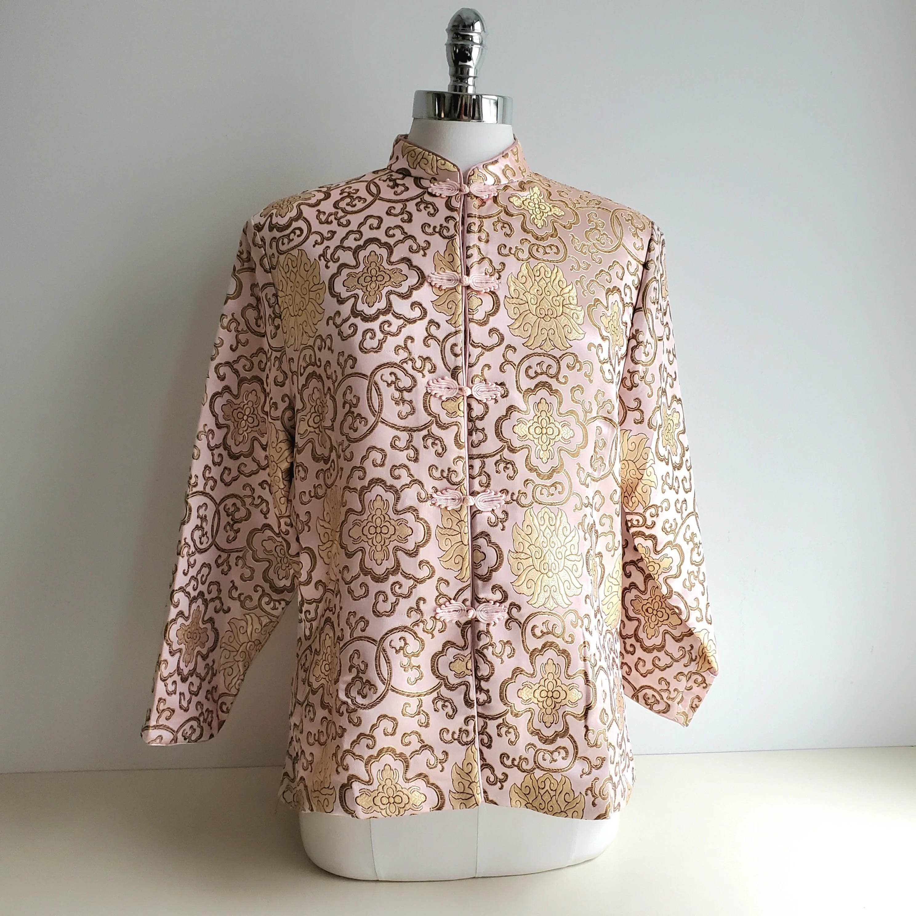 Vintage 70s Satin Bed Jacket: Pink Gold Jacquard, Mandarin Collar (44" Bust) | Etsy (US)