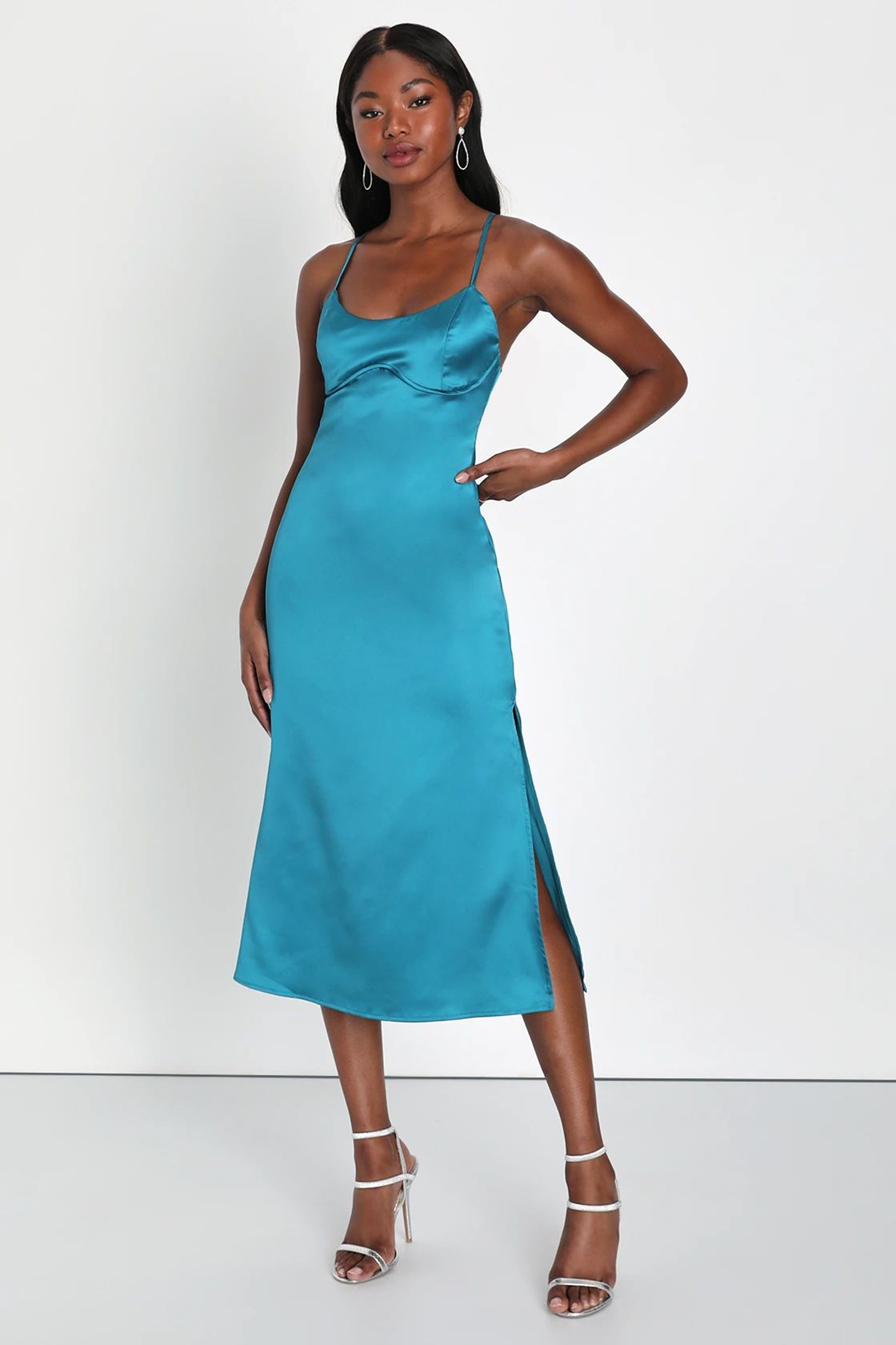 Luxe Date Teal Blue Satin Seamed Backless Midi Dress | Lulus (US)