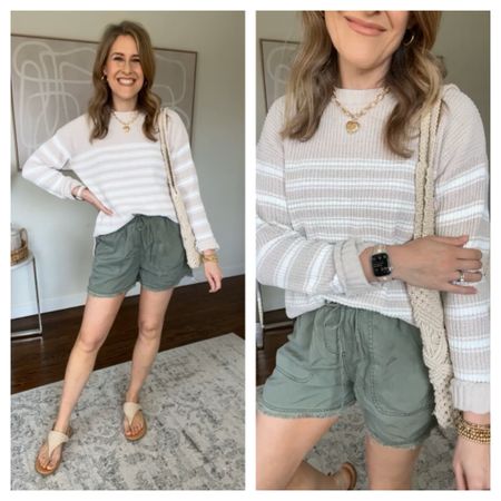 Walmart soft drawstring shorts with pockets, frayed hem. Four colors, tts small. (Sweater is Walmart from a few weeks ago and is sold out).

#LTKfindsunder100 #LTKstyletip #LTKfindsunder50
