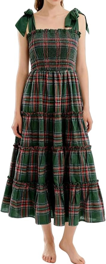 Women Plaid Maxi Dress Casual Square Neck Sleeveless Flowy Dress Christmas Checkered Backless Ruf... | Amazon (US)