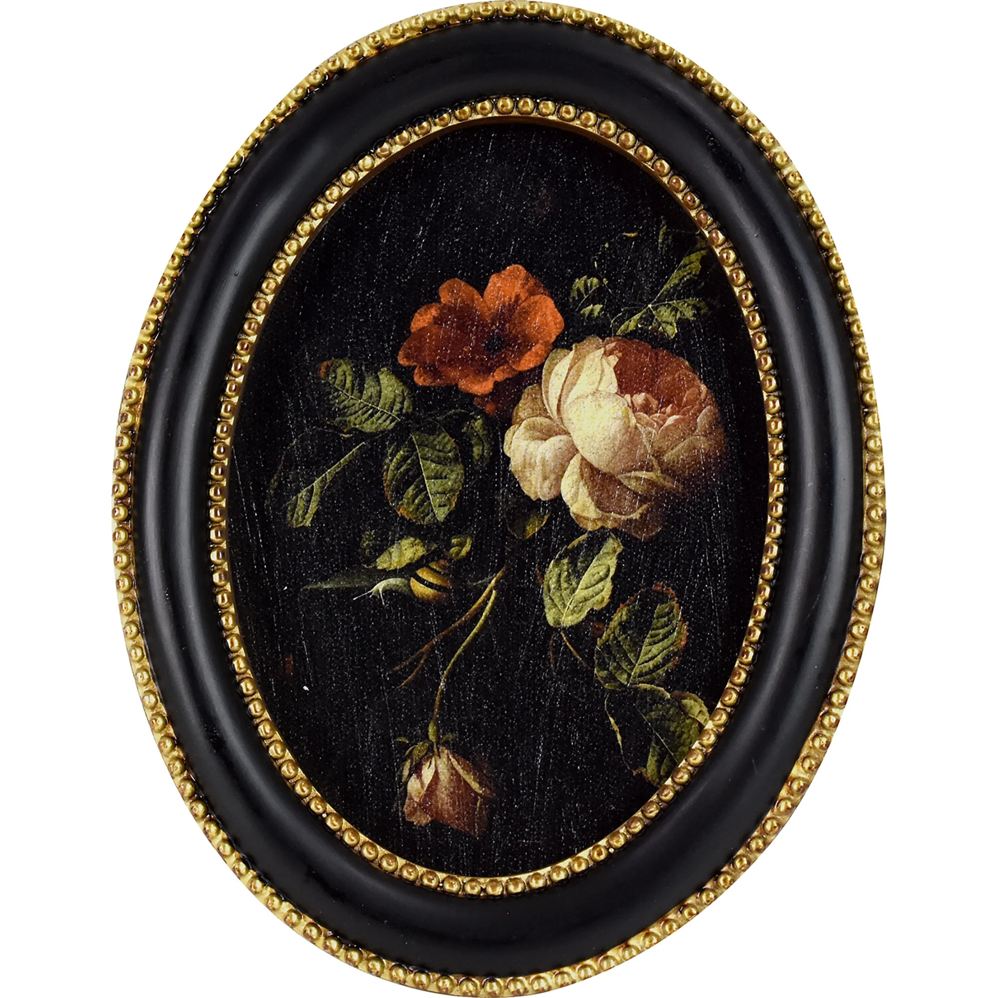 Home Decor Collection 6x8 Gold Ornate Rose Still Life Oval Framed Wall Art, Vintage Floral Canvas Artwork with Black and Gold Resin Frame, Botanical Tabletop or Wall Décor | Walmart (US)
