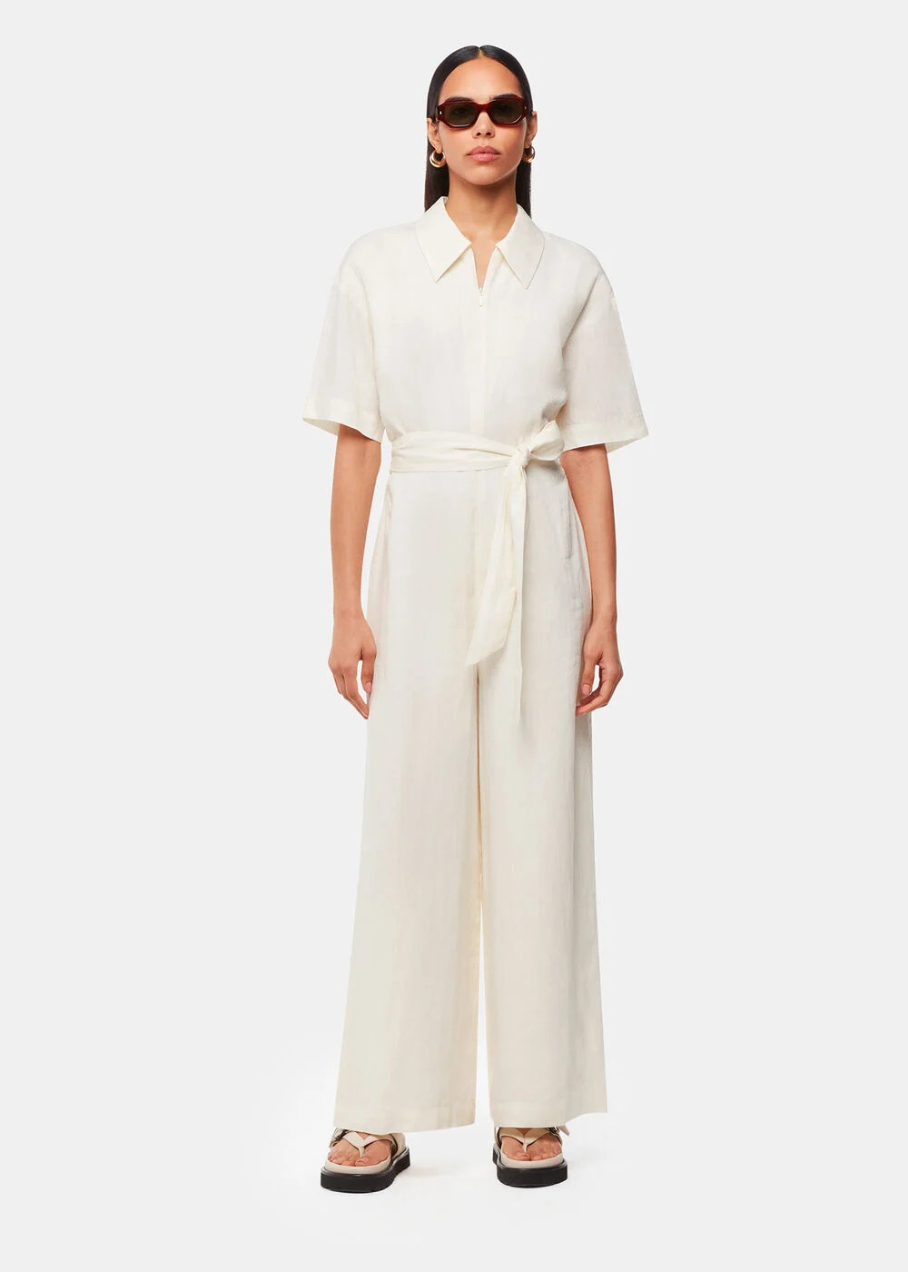 Ivory Giulia Linen Mix Jumpsuit | WHISTLES | Whistles UK | | Whistles