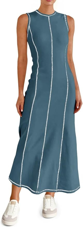 Wenrine Womens Tank Maxi Dress Sleeveless Crew Neck Knit Ribbed Summer Contrast Stitch Dresses | Amazon (US)