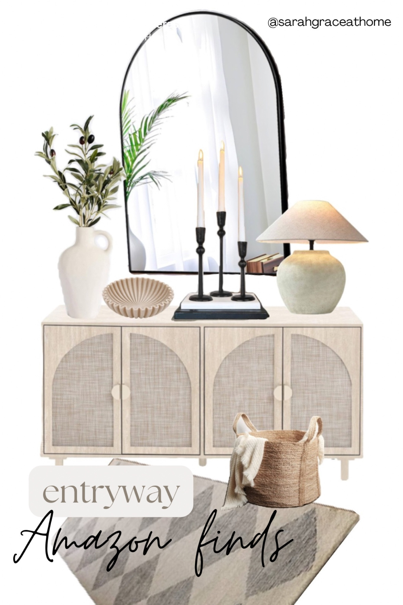 Entryway decor finds from Amazon. Neutral organic modern 
Living room
Console table
Mirrors
Candles
Lamp
Cream, ivory
Based
Pottery barn style 
Runner
Beige

This  is a curated entryway decor mood board featuring stylish Amazon home finds. The aesthetic is modern, neutral, and inviting, with a mix of textures and natural elements. The key pieces include:
	•	Neutral-toned sideboard with cane or rattan-textured cabinet doors
	•	Arched black-framed mirror for a contemporary touch
	•	Textured ceramic table lamp with a stone-like base and linen shade
	•	Black candlestick holders with white taper candles, adding contrast and elegance
	•	Decorative bowl with a ribbed texture for a sculptural element
	•	White ceramic vase with faux olive branches for a natural, organic feel
	•	Woven storage basket with handles, holding a soft throw blanket for warmth
	•	Geometric patterned rug in neutral tones, grounding the space

This entryway setup embodies a mix of modern farmhouse, minimal, and organic modern styles, creating a warm and stylish first impression for any home.


#LTKFindsUnder50 #LTKHome #LTKSeasonal
