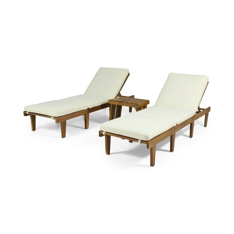 Paolo Outdoor Acacia Wood 3 Piece Chaise Lounge Set, Teak and Cream | Walmart (US)