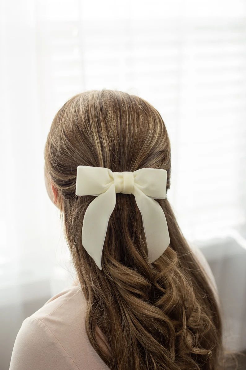 Ivory Velvet Hair Bow Short Tail French Barrette, Bridal Bow Clip | Grace & Grandeur Delora Short... | Etsy (US)