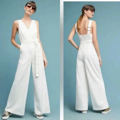 Chino By Anthropologie White Belted Scalloped Jumpsuit Size 6 Womens | eBay US