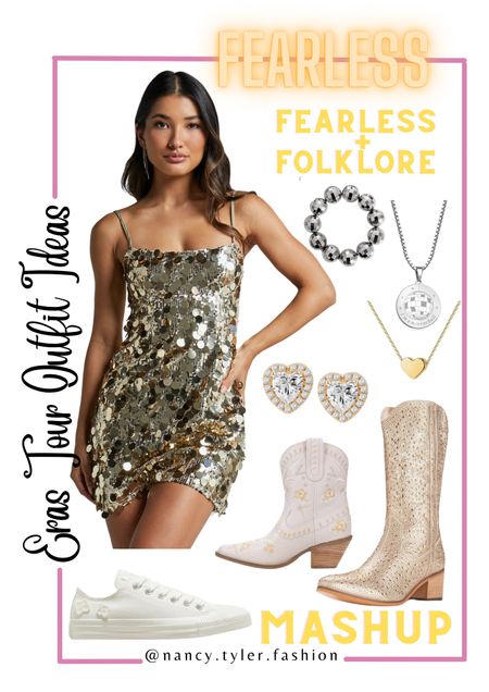 Folklore + Fearless Eras Mashup outfit! The Mirrorball dress for Folklore, flowers on the boots and sneakers, and the shiny gold and sequins of Fearless! ✨🌸 ⭐️🩶 Taylor Swift Eras Tour 2024 outfit ideas! I linked some other items to this post as well. 🩷⭐️🌸
#TaylorSwift #ErasTour #FolkloreTaylorSwift  #TaylorSwiftFolklore #FearlessTaylorSwift #TaylorSwiftFearless Taylor Swift Eras Tour Ideas, Taylor Swift Lover Era, Taylor Swift 1989, Taylor Swift Movie, Taylor Swift Fearless, Taylor Swift Speak Now, Taylor Swift Red, Taylor Swift reputation, Taylor Swift evermore, Taylor Swift folklore, Taylor Swift outfits, Taylor Swift Eras Tour outfit ideas, Taylor Swift Eras Tour inspo, Taylor Swift inspo, Taylor Swift Fearless, Taylor Swift Eras Tour Fearless outfits, Folklore outfit, Taylor Swift Mirrorball outfits, Taylor Swift sparkly outfits, sequin outfits, gold sequin outfits, flower sneakers, flower boots, Taylor Swift Folklore Eras Tour outfits, Folklore Outfit, Folklore Taylor Swift Outfits, sparkly and floral outfits, sequin and floral outfits, cowboy boots outfit, sparkly boots outfit  

#LTKparties #LTKfindsunder100 #LTKstyletip