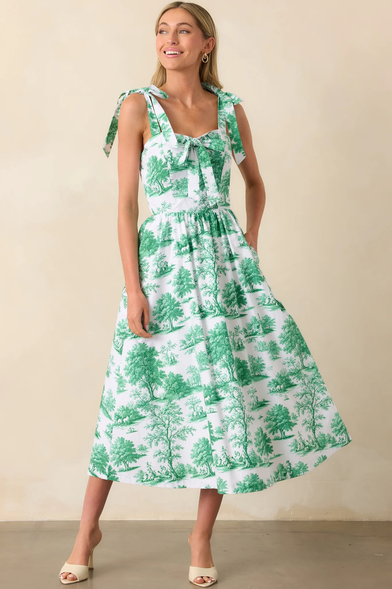 Juli Anna Eden Green Toile Cotton Midi Dress | Red Dress