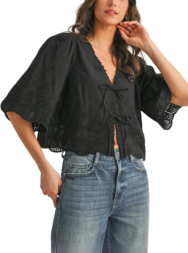 Womens Floral Embroidery Tie Front Blouse 3/4 Flutter Sleeve Crop Shirt Scallop Hem V-Neck Top | Amazon (US)