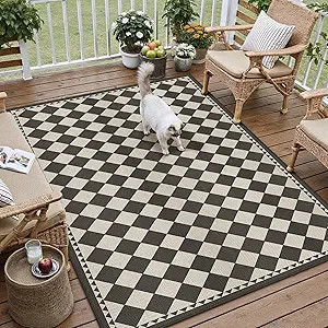 3x5 Black Beige Checkered Linen Look Indoor Outdoor Rug for Patio | Amazon (US)