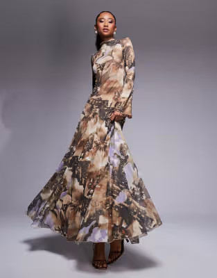 ASOS DESIGN mesh high neck long sleeve A-line maxi dress in oversized floral print | ASOS (Global)