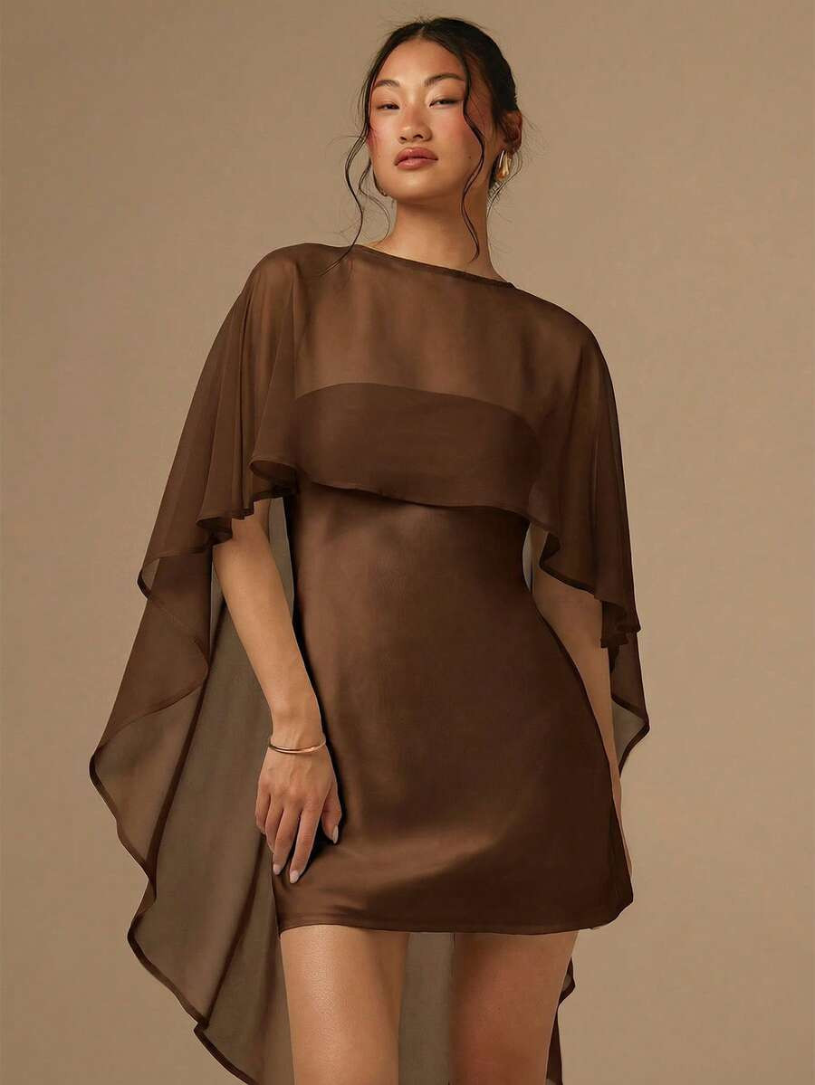 COSMINA 2pcs/Set Women's Satin Bias Cut Mini Dress Cape Shawl,Dark Brown Elegant Bar Party Night Party Cocktail Dress For Wedding Event Vacation Overlay Dress | SHEIN