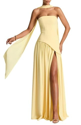 PUXIU Yellow Strapless Bridesmaid Dresses with Scarf Mermaid Prom Dress Slit Pleated Asymmetrical Drop Waist Evening Gowns 8 | Amazon (US)