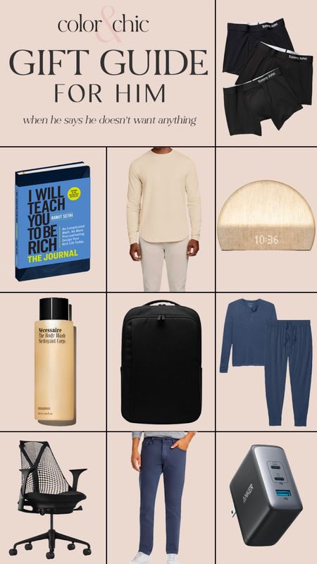 Gift guide for men by Johnny! The boxers he loves, his favorite long sleeve tee, Hatch restore sound machine, body wash, work backpack, loungewear, office desk chair, work trousers that are business casual and portable battery you can plug into the wall and works super fast! 

#LTKGiftGuide #LTKmens