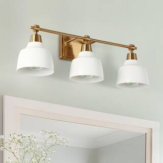 22 in. 3-Light Modern White Vanity Light with Plating Gold Rectangle Backplate and Bell Metal Sha... | The Home Depot