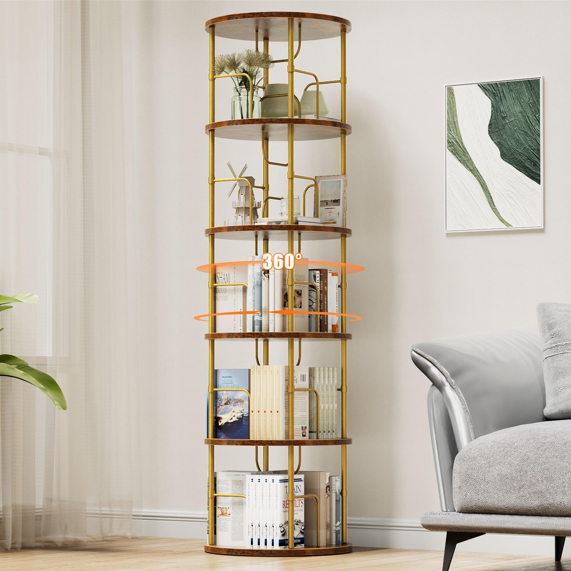 5 Tier Rotating Bookshelf, 360° Corner Bookshelf Tower, Round Revolving Bookcase with Special Vi... | Amazon (US)