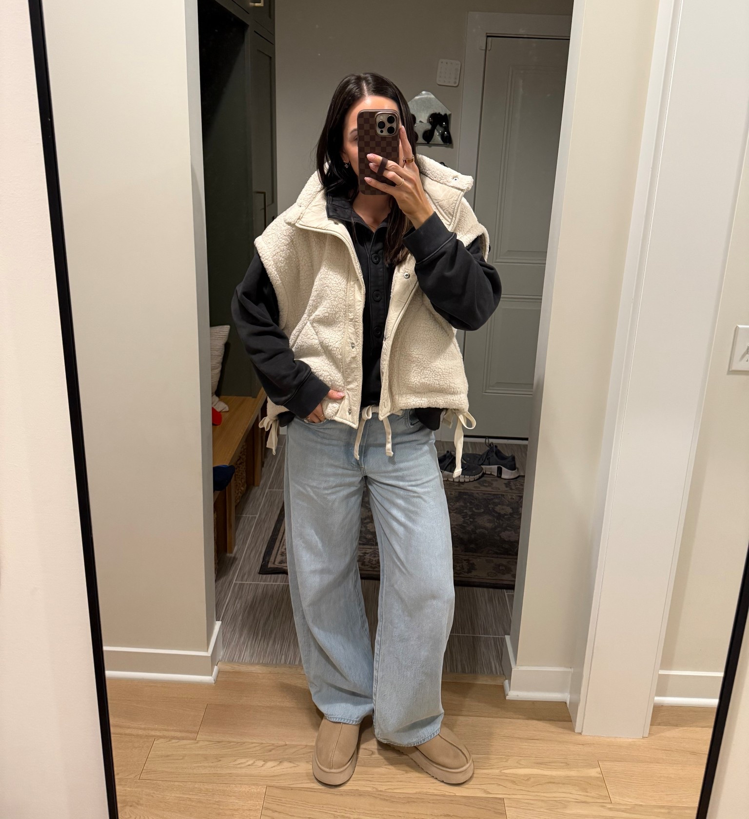 Casual comfy ootd 🩶

Pullover: sized up (L)
Fleece vest: sized down (XS) 
Jeans: tts (27) soo comfy! Relaxed fit 
Ugg tazz: true to size, size up for half sizes


#LTKSaleAlert #LTKootd #LTKFindsUnder50