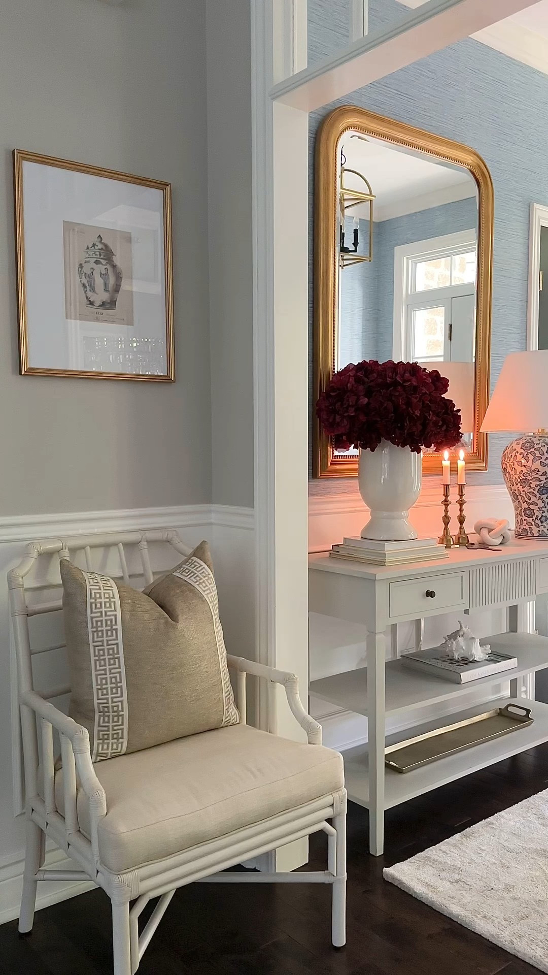 Simple and elegant fall home decor in our entryway💙A chic blue and white lamp, lush burgundy florals and beautiful candlelight brings in a gorgeous fall look

#LTKHome #LTKSeasonal