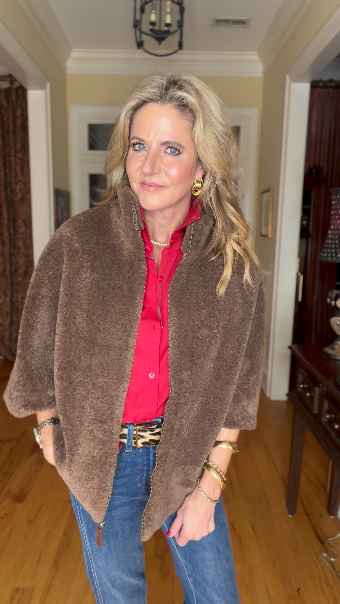 Red, brown, & leopard.  Such a great color combo!! It always works.

I’m linking similar blouse.  My jeans are such a great fit. I love the double seam and split hem.  I’m in a 25, XS in the belt, and 9 in the shoes.  All TTS.

And can we talk about how beautiful this cape is?? It’s one size and is a stunner.


#LTKStyleTip #LTKOver40 #LTKSeasonal