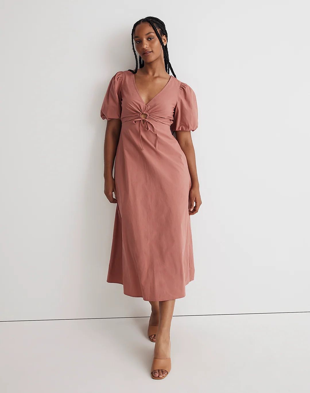 Poplin Cutout Puff-Sleeve Midi Dress | Madewell