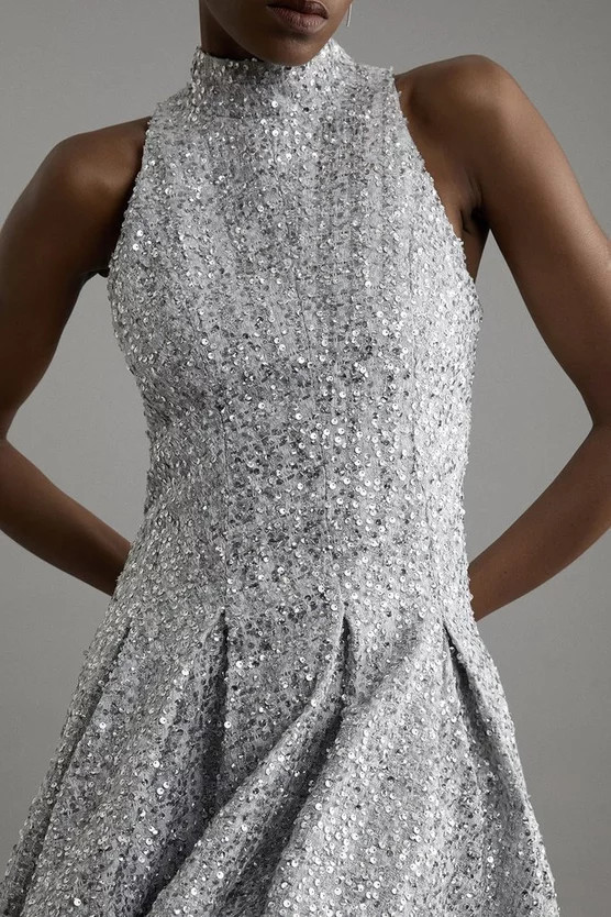 Sequin Metallic Boucle Halter Full Skirt Tailored Mini Dress | Karen Millen | Karen Millen UK + IE + DE + NL